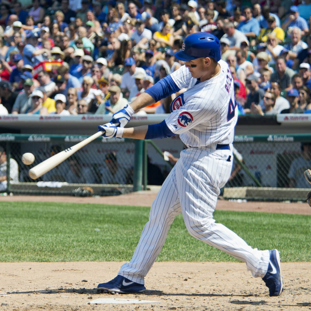 Anthony Rizzo squares up on a ball (Wikimedia Commons upload by UCinternational)